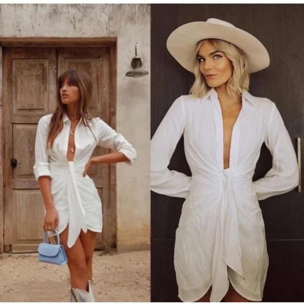 White Ruched Mini Dress with Collar by Choosy